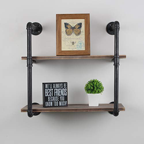 TOKIKA Industrial Floating Shelves with Wooden Shelves,2 Tiers Rustic Wall Mounted Shelf Bookcase,Iron Pipe Hung Bracket Bookshelf,DIY Storage Shelving Floating Shelves(24 inch)