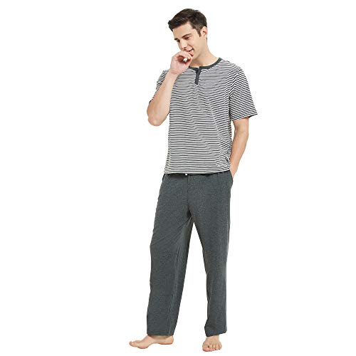 Image of U2SKIIN Mens Cotton Pajama Sets, Lightweight Short Sleeve Sleepwear Long Cotton Pajama Bottoms(Dark Grey Mel,M)