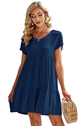 Image of Fangetey Women's V-Neck Tunic Dresses Short Sleeve Button Down Loose Casual Summer Short Flowy Swing Dress