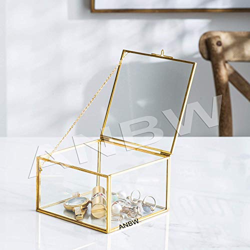 Image of Decorative Glass Square Keepsake Box Home Decor Display Vintage Brass and Clear Glass Jewelry Organizer, Decorative Accent (Size - 5x5 inch, Golden)