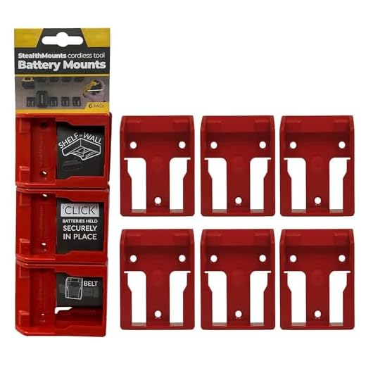 StealthMounts - Battery Mounts for DeWalt XR 20V + 60V Batteries | Wall Mount Holder | Perfect Battery Organizer for Workshops, Truck Panels, Shelves | Available in Red Color - 6 Pack