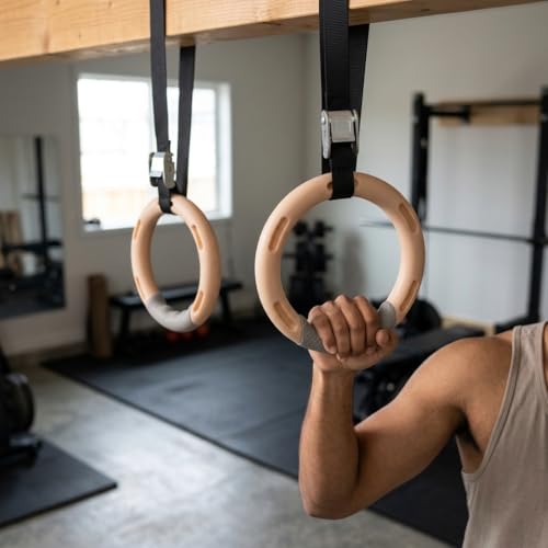 Image of Leosportz Gymnastics Rings with Straps for Men Women | Anti-Slip Textured ABS Plastic Rings with Cam Buckles | Roman Rings for Calisthenics Traininig (Beige)