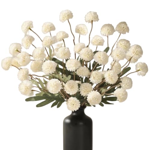 Laelfe 5 Bundles Autumn White Artificial Kiku Flowers Long Stems Fake Pompon Mums Faux Silk Small Chrysanthemum Ball Fall Flower Stems for Autumn Wedding Filler DIY Bouquet Table Centerpieces