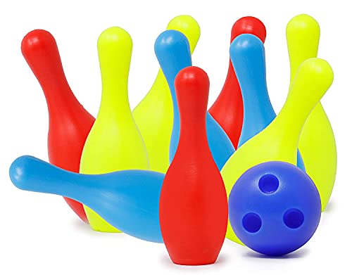 BKDT Marketing Bowling Alley Toy Set with 10 Pins and Two Balls Indoor Outdoor Sports Game for Kids, Multicolor