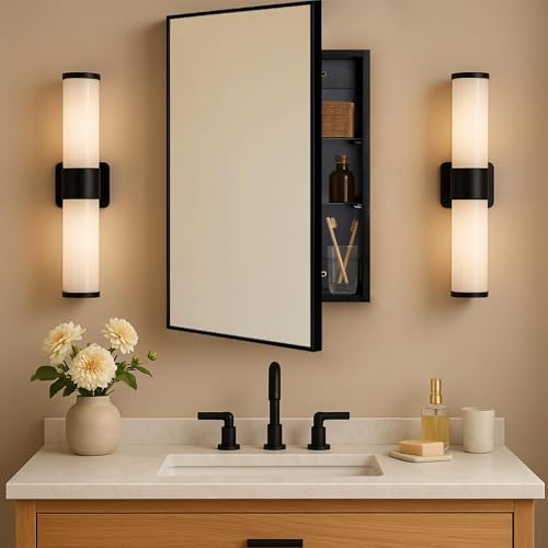 Image of TEHOME 17.5'' x 29'' Black Recessed and Surface Mount Bathroom Medicine Cabinet with Mirror Matt Black Square Cornered Metal Framed Rounded Rectangle Medicine Cabinet Mirror