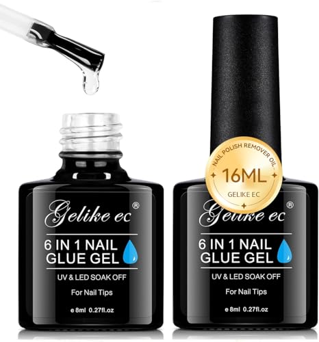 Gelike ec Colle Faux Ongles Gel - 6 en 1 UV Colle Capsule Americaine Ongle Extra Forte, Gummy Base Pose americaine, Nail Glue 2PCS 16ml