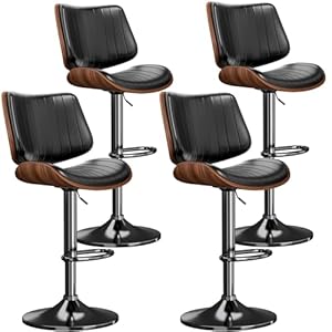 Swivel Bar Stools Set of 4, Adjustable Bentwood Barstools for Kitchen Counter, Modern PU Leather Upholstered Bar Chair with Back and Footrest, for Kitchen Island, Bar, Dining Room, Black