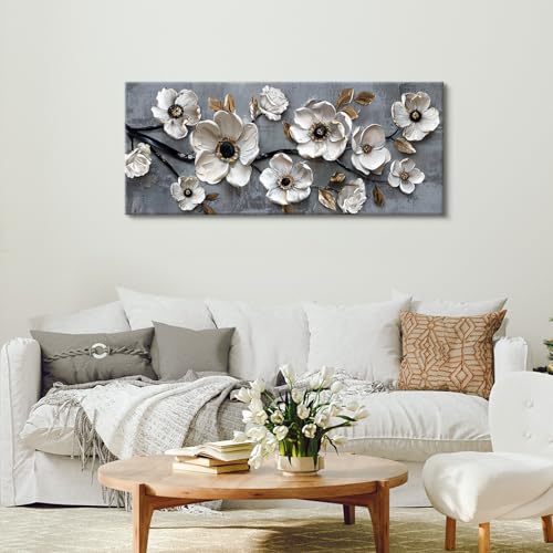 Tableau de fleurs blanches sur grande toile encadrée de 120x50 cm