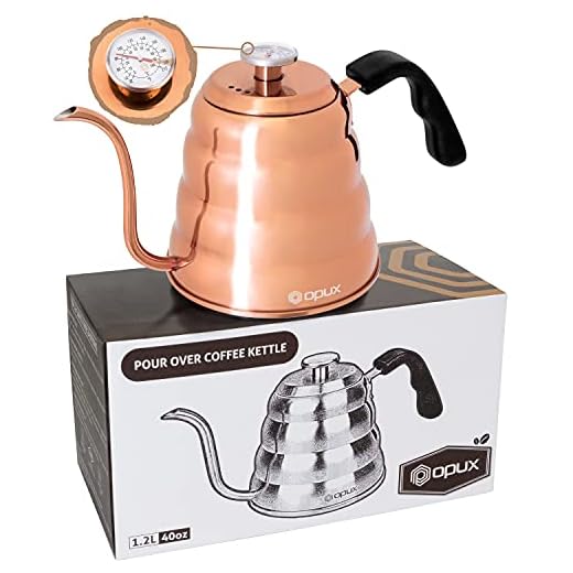 OPUX Gooseneck Pour Over Coffee Kettle with Thermometer | Stainless Steel Stovetop Hand Drip Kettle for Home Coffee Brewing, Tea, Barista | 40 fl oz (Glossy Copper, Solid Top)