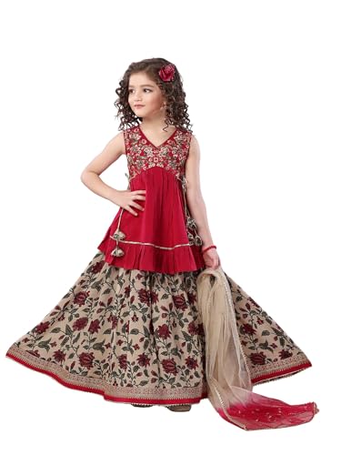 MASTARANG Mastrang Girls Printed Sharara Set | Sleeveless Peplum Top with Embroidery, Print Bottom & Net Dupatta | 1-2 Years