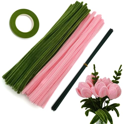 Image of Pipe Cleaner Set, 200 Pcs, with Floral Wires and Floral Tape, Chenille Stems for Tulip Bouquet Making, Kids DIY Craft Projects and Decorations (Peach and Olive Green kit)
