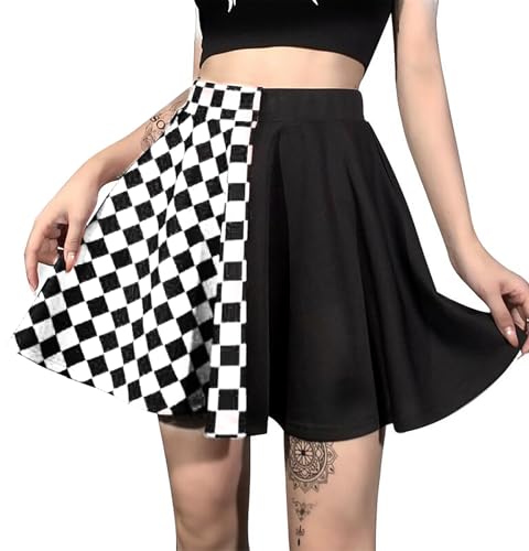 DINGJIUYAN Punk Cross Print Dark Mini Röcke Kettengürtel Schwarz Uniform Faltenrock, kariert schwarz, 44