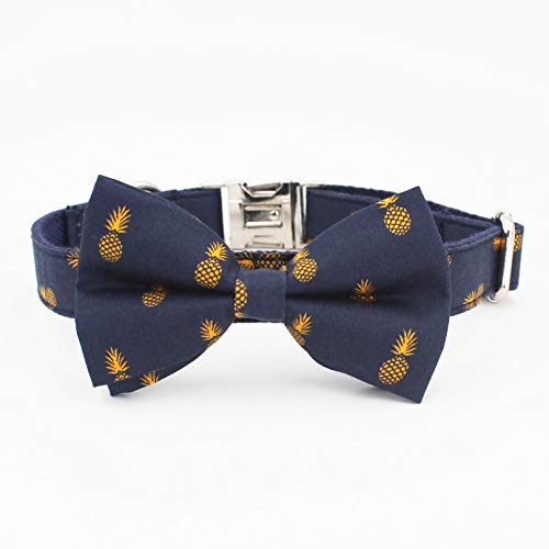 Navy Pineapple Dog Collar with Bow Tie in Adjustable Sizes XSmall, Small, Medium, Large, XLarge