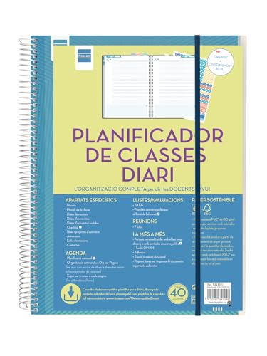 Finocam - Planificador de Clases Diario 1 Día Página | Espacio para 8 Clases Diarias | Tapas Personalizables y Resistentes | Incluye Adhesivos y Fundas | Multicolor, Grande, Papel | Catalán