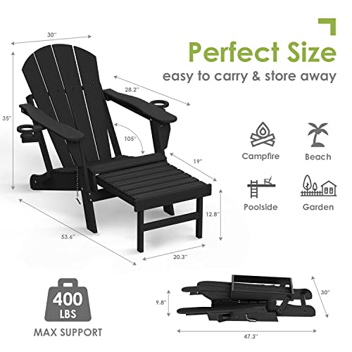 Greenvines Folding Adirondack Chair With Adjustable Back & Ottoman, Wood Grain Hdpe All-Weather Poolside Chairs W/Cup Holders & Footrest For Fire Pit Campfire Deck Patio Outdoor Lawn, Black #TOP3
