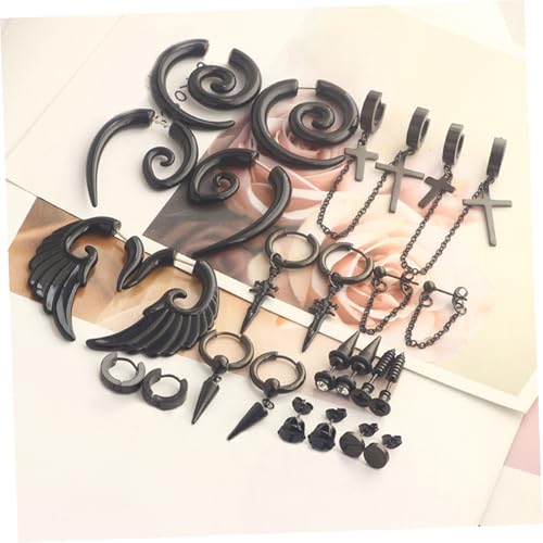 Pendientes negros para hombre de acero inoxidable set de 12 pares con diseño punk y cruces 4