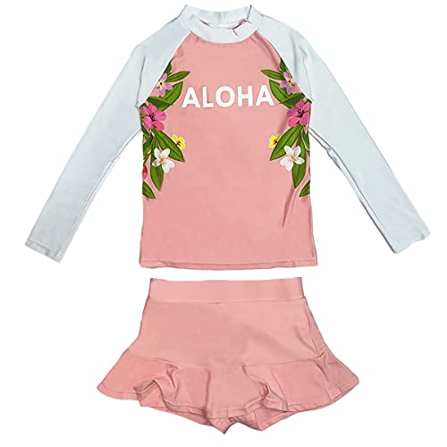 PHIBEE Girls' Rash Guard Set Long Sleeve UPF 50+ Sun Protection Two-Piece Swimwear Pink/White 8