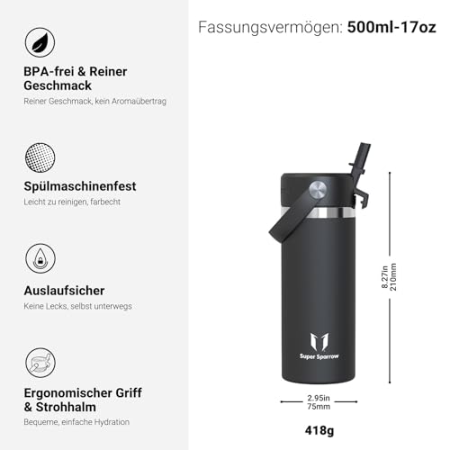 Sparrow Kinder Trinkflasche Edelstahl 500ml Thermosflasche mit Strohhalm – Ansicht 3