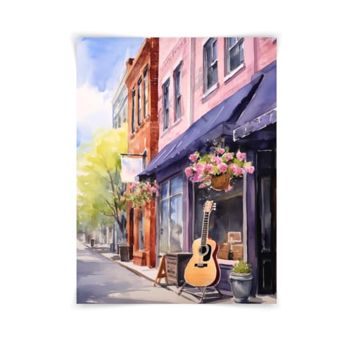 11×14 Music Row Nashville Watercolor Print, Guitar Shop Street Scene Art, Music Decor, UNFRAMED
