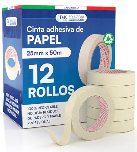 DNK TRADE 12x Cinta de Carrocero Para Pintar y Enmascarar 25mm x 50m - Removible Sin Residuos, Sin Disolventes - Cinta de Pintor Con Papel