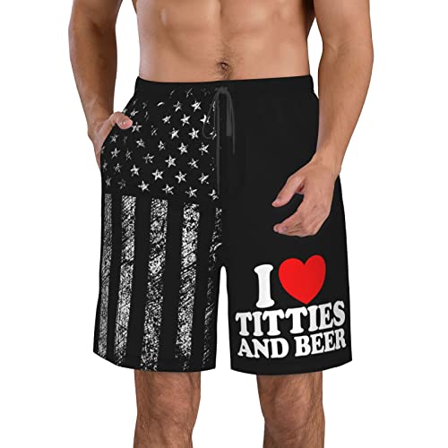 PAUPPY Funny-Heart-Titties-and-Beer-Gift for Women Men's Swim Trunks Quick Dry Bathing Suit Beach Swim Board Shorts Swimsuits White-S