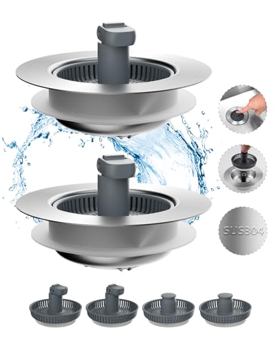 Hibbent Hibbent 2 Pack 3 in 1 Kitchen Sink Drain Strainer and Stopper Combo, Stainless Steel Metal Pop Up Sink Stopper with Foldable Handle, 6 Anti-Clogging Baskets, Fit for US Standard 3-1/2 Inch D