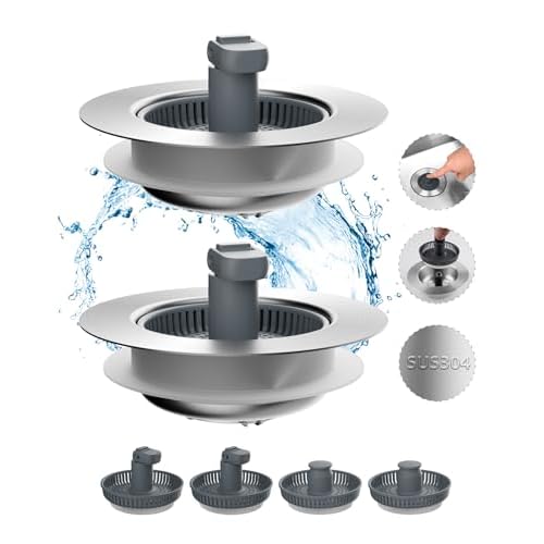 Hibbent 2 Pack 3 in 1 Kitchen Sink Drain Strainer and Stopper Combo, Stainless Steel Metal Pop Up Sink Stopper with Foldable Handle, 6 Anti-Clogging Baskets, Fit for US Standard 3-1/2 Inch D