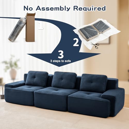 Image of 117 inch Oversized 3 Seater Modular Boneless Couch, Durable Corduroy Fabric, Deep Seat Cloud sectional Sofa with Buckle Connection and Tufted Detail, No Assembly, Anti Slip, Blue