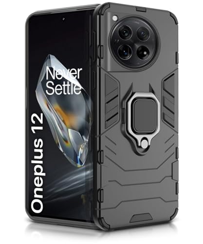Image of WOW IMAGINE Shock Proof Back Case Mobile Cover for 1+ OnePlus 12 5G | Back Cover Case (Tough Armor | Hybrid PC + TPU | Ring Holder & in-Built Kickstand | Black)