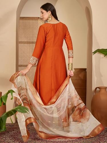 Image of EthnicJunction Women's Cotton Silk Embroidered Anarkali Kurta Palazzo with Digital Print Dupatta Set