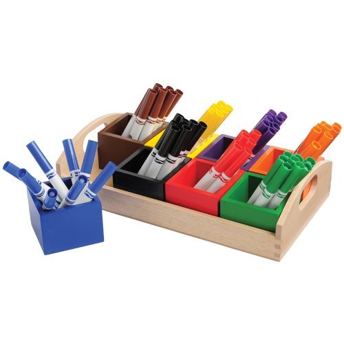 Constructive Playthings 14" x 7 1/4" Wooden Storage Tray with Eight 2 1/2" x 3 1/4" sq. Colored Boxes Matching Standard Marker and Crayon Colors for Easy Color Matching and Clean Up
