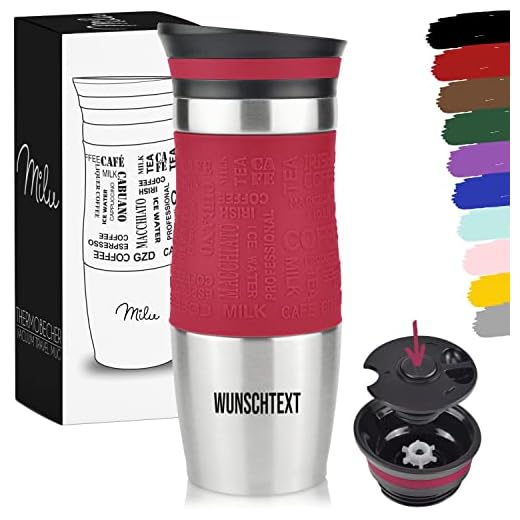 Milu Thermobecher 370ml mit Gravur - als Geschenk-Idee Ostern, Vatertag, Muttertag, Weihnachten, Einschulung, Liebesgeschenk, Geburtstag, Frauen und Männer Mama Papa Kinder (Rot + Gravur)