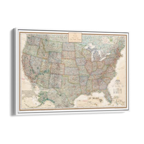 Image of Executive United States Map with Pins - Detailed National Geographic USA Canvas Travel Tracker - Extra Large Framed Wall Art - White Float Frame - 34 inch x 51 inch