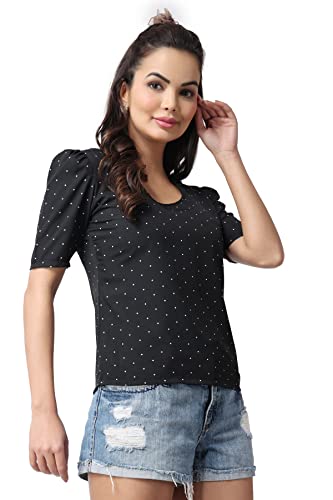 Image of POPWINGS Casual Printed Puff Sleeves Round Neck Top for Women || Stylish Summer Tops for Women || Hip-Length Women Top