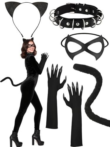 Catwoman Kostüm Damen Kinder Cat Woman Katzenkostüm Cat Noir Kostüm Katzenohren Haarreif Schwanz Masken Katzenkralle Handschuhe,Tier Kostüm Set Halloween Karneval Cosplay Party