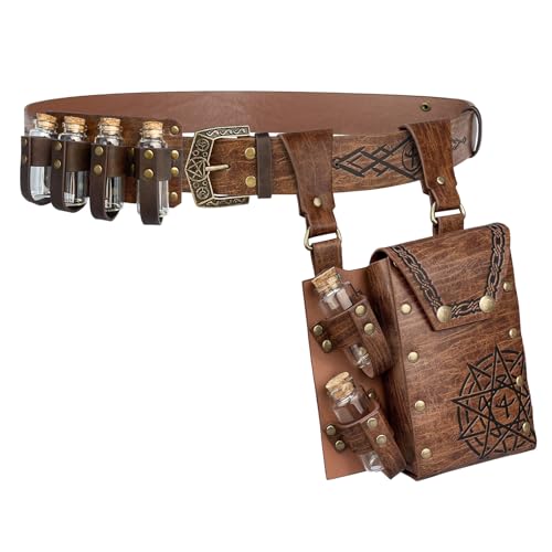 EpicCos 3 PCs Medieval Alchemy Belt Waist Pack Combo mit Mehreren Trank Flaschen Wikinger Niet Gürtel Seitentasche für Cosplay (Braun D)