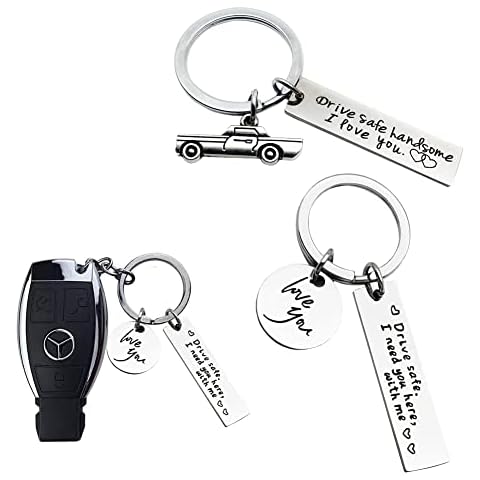 BAOSROY Drive Safe Keychain,Car Keyring,Car Keychain,Personalised Keyring,Silver Stainless Steel Keyring,Keychain for Boyfriend Husband Girlfriend Wife Birthday Christmas Gift,2PCS Cover