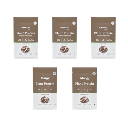 Image of Maiva Pro | Plant Protein Isolate - Arabica Coffee - 40gm (Pack of 5) | 25g Protein, 5g BCAA | Essential Amino Acids | Gut Friendly, Easy to Digest | Real Dates | Vegan, Dairy Free, No Preservatives