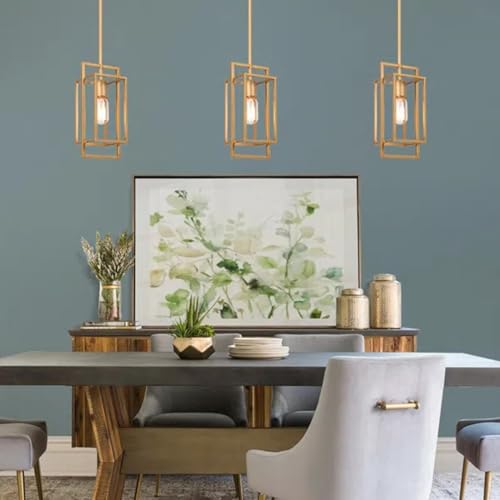 Image of KSANA Antique Gold Pendant Lighting, Modern Golden Geometric Cage Hanging Light Fixture for Kitchen Island, Foyer, Dining Room and Hallway