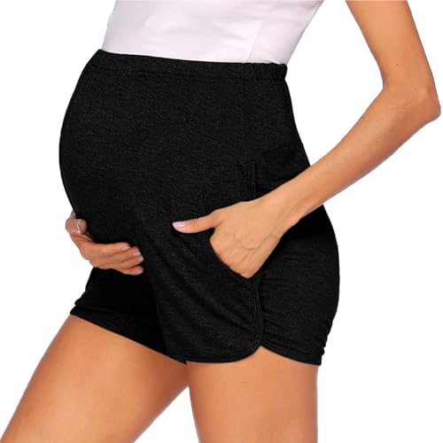 Pantalones cortos de maternidad para mujer sobre el vientre, pantalones cortos de ciclista para embarazo, entrenamiento, correr, yoga, cómodos, elásticos, con bolsillos, Negro, XL