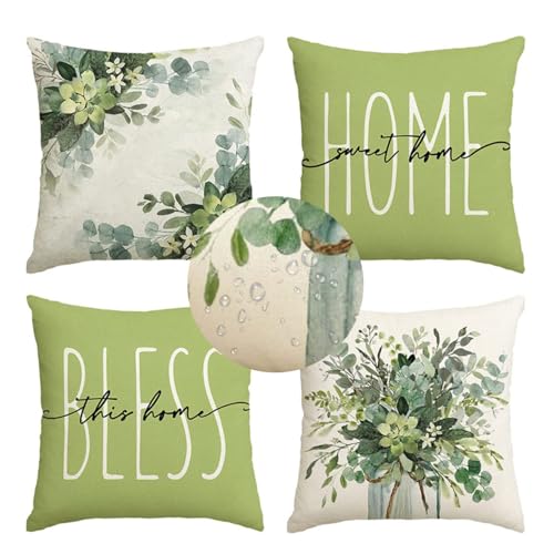 Auriselle Set 4 45x45 cm Cuscini esterno Resistenti alle intemperie Fodera federa Impermeabile divano Impermeabili decorativi Motivo floreale botanico Giardino Balcone Cerniera invisibile Verde