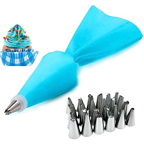8/26 Pz/Set Suggerimenti per Sac à Pasticceria in Silicone Cucina Torta Glassa Piping Crema Strumenti per decorare Torte Sacchetti di Pasticceria Riutilizzabili+24 Set di Ugelli-26 Pz-Blu