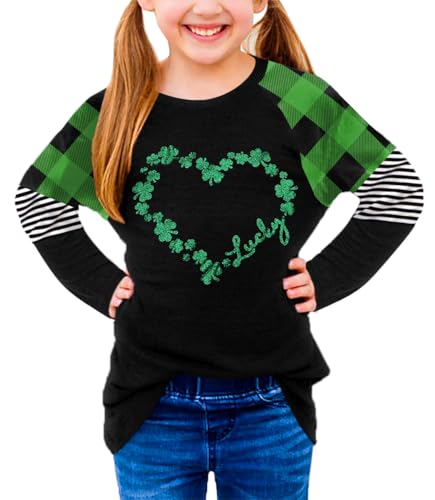 Image of BesserBay Girls St Patrick's Day Raglan Shirt Irish Sequin Lucky Stripe Shamrock Graphic Top 4-14 Years