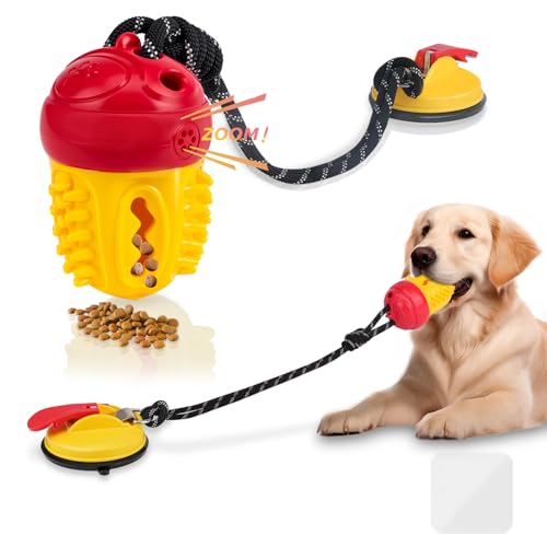 Duocharm Tug of War Dog Toy for Aggressive Chewers,Squeaky Puzzle for Medium Large Breed Mental Stimulation,Interactive Indestructible Food Dispensing Dog Toy to Keep Busy,Red Yellow