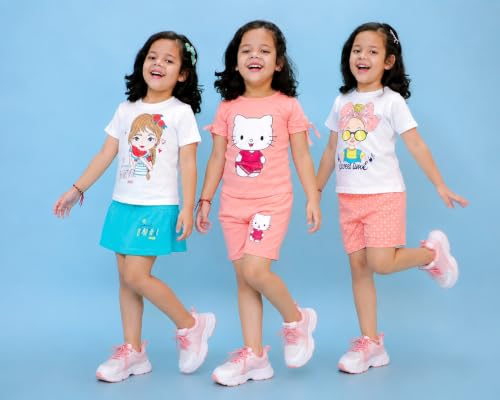Image of Chandrika Kids Cotton Coordinated Set Pack of 3 half Sleeve And sleeveless T-Shirts & Shorts and skirt Baby Girls Summer Dress Combo