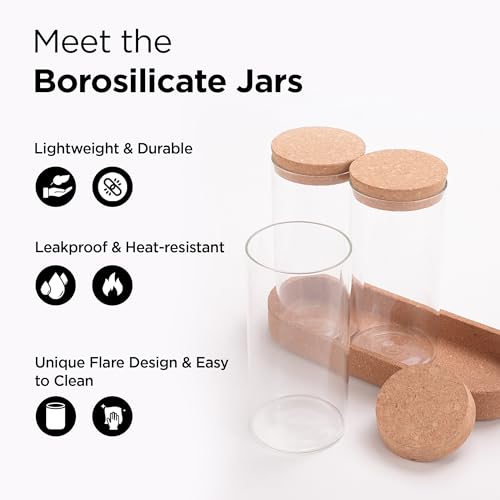 Image of UMAI Borosilicate Glass Jars for Kitchen with Cork Lid and Cork Tray | Kitchen Containers Set | Pack of 3 | 700ml each| Airtight Glass Containers with lid | Organization | Multipurpose | Transparent |
