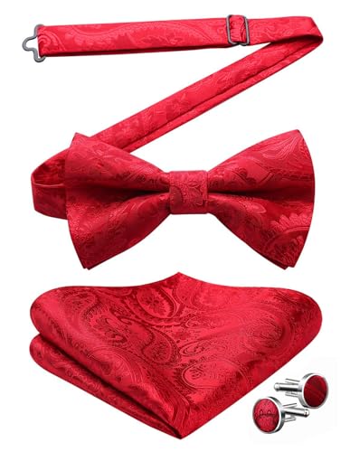 HISDERN Herren Paisley Rot Fliege und Einstecktuch mit Manschettenknöpfe Set Verstellbare Vorgebundene Fliege für Hochzeit Anzug Smoking