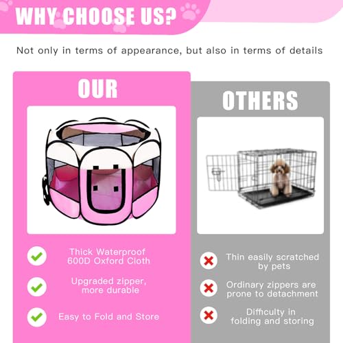 Welpenauslauf Faltbare Hundebox für Zuhause Welpenlaufstall Tragbarer Haustier Hundezaun, Wasserdichtes Oxford-Tuch Laufstall Hund, Katzenkäfig Hundekäfig für Katzen Hunde Kaninchen (Rosa/Beige, S, 8)
