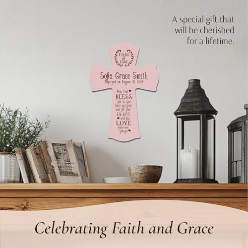 Image of LifeSong Milestones Pink Wooden Wall Cross: Family Celebrations Baptism, Christening, and First Communion - Religious Keepsake for Baby Girls - Baptism Gifts, Favors, and Decorations Pink 8.5x1