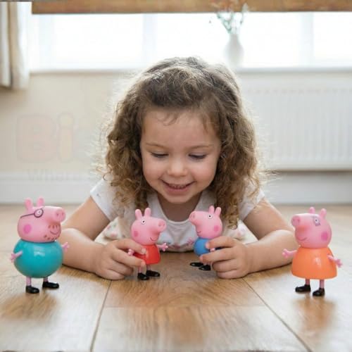 Image of Peppa Pig Family Toys Set of 4 - George, Mummy Pig, Daddy Pig & Grandparents | Movable Cartoon Figures Dollhouse & Car Play Set | Kids Toy for Boys & Girls 2+ Years | Birthday Return Gift